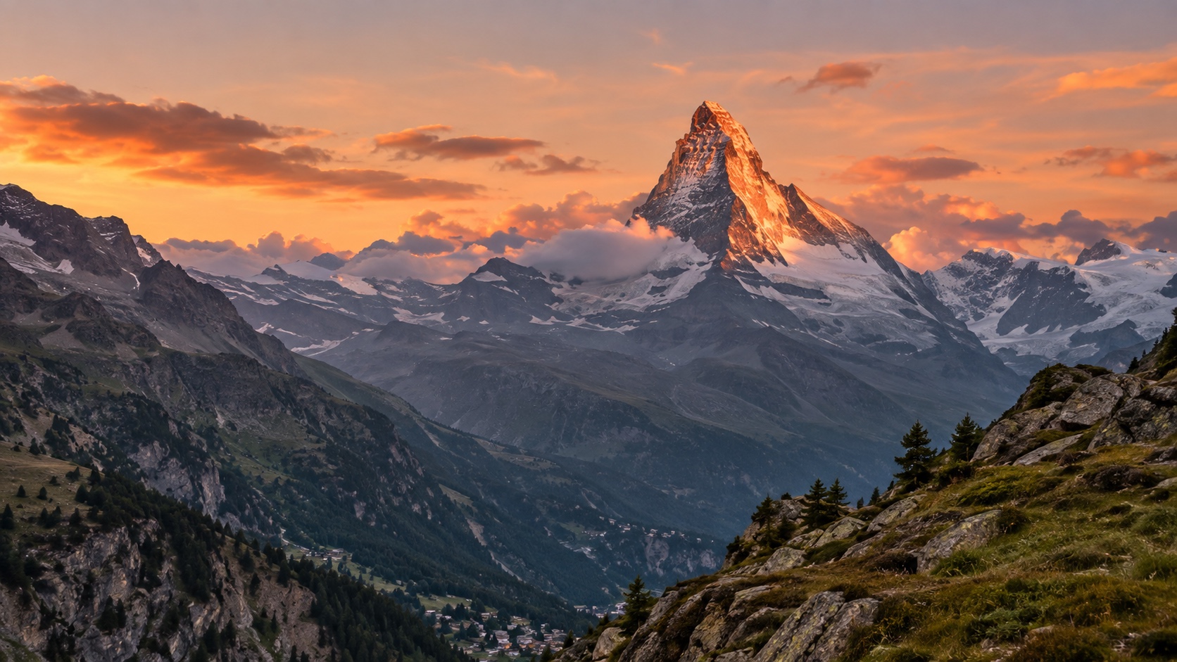 The Matterhorn's distinctive pyramid peak rising above Zermatt at golden hour, alpenglow on the north face