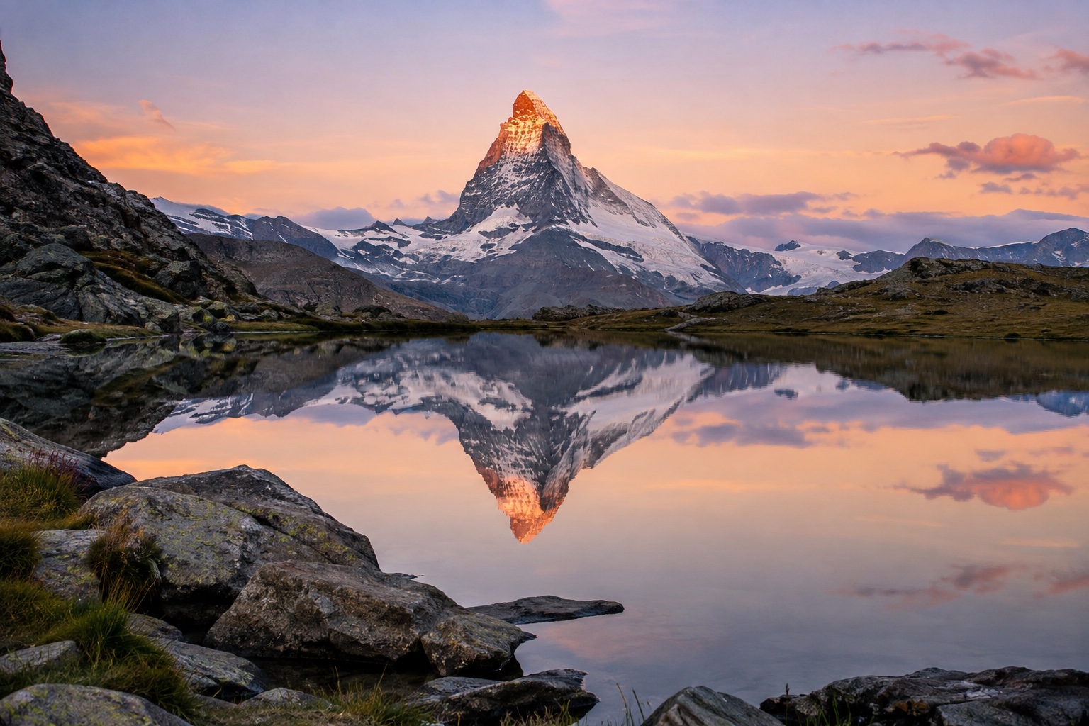 The Matterhorn reflected in the still water of Riffelsee lake at sunrise