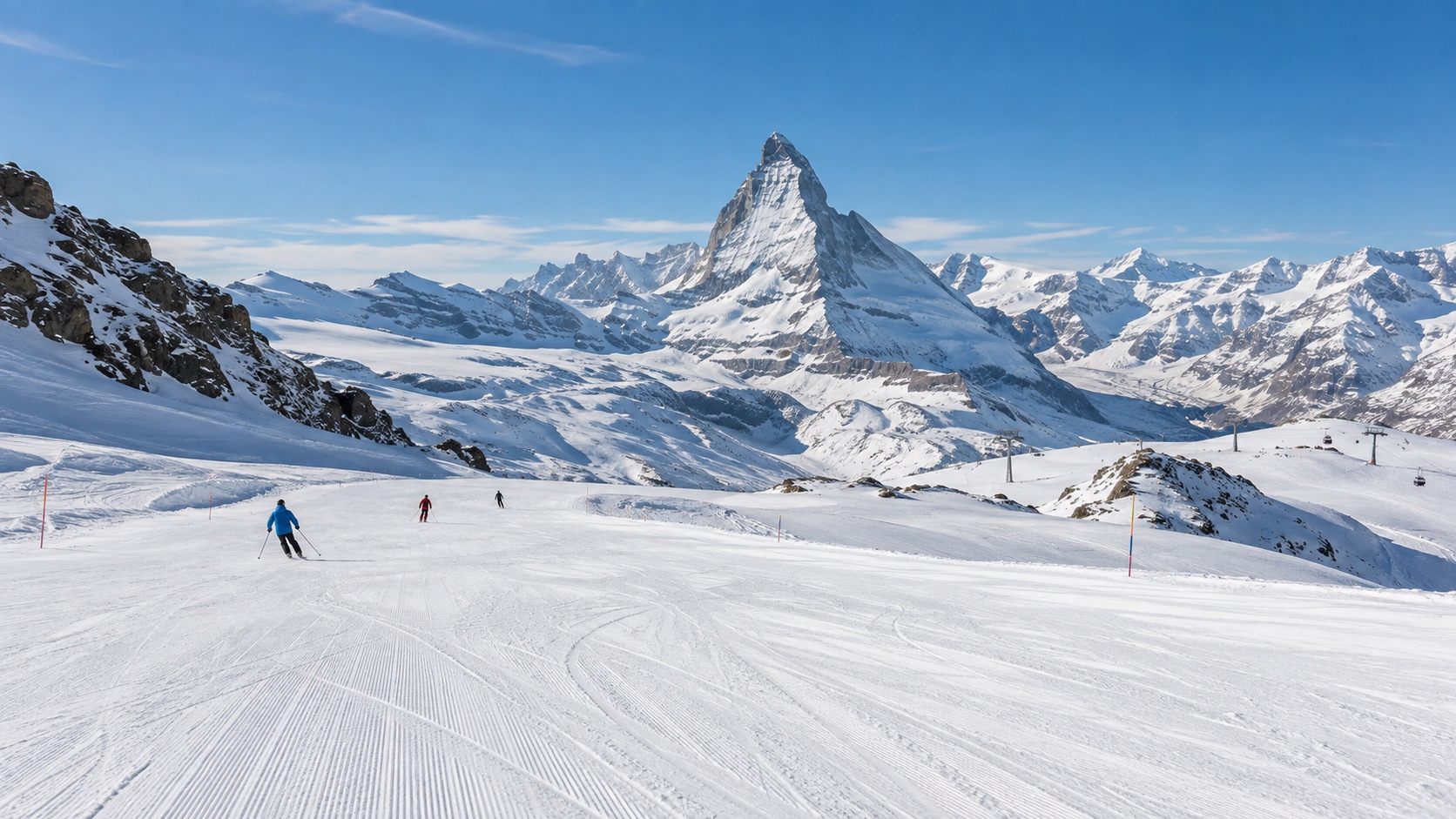 Wide groomed ski piste on the Zermatt-Cervinia cross-border ski area with the Matterhorn visible