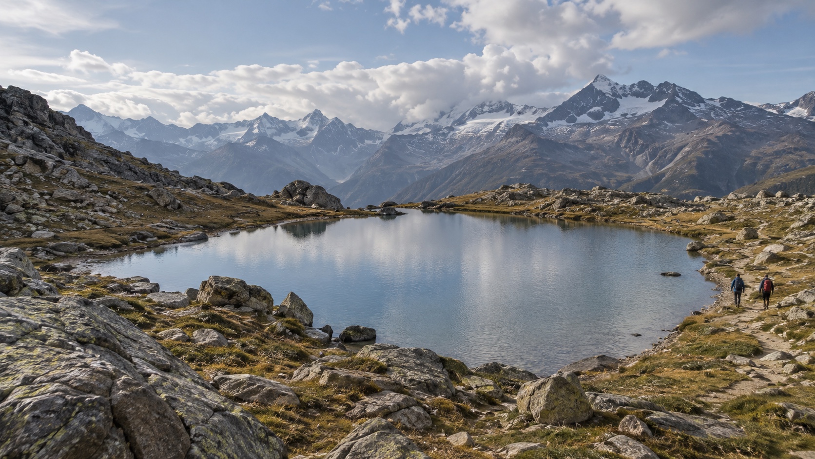 Stellisee alpine lake on the Five Lakes Trail with hikers on the shoreline path