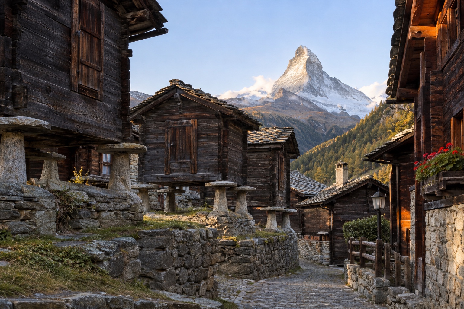 Historic wooden chalets in Zermatt's old village quarter with the Matterhorn behind