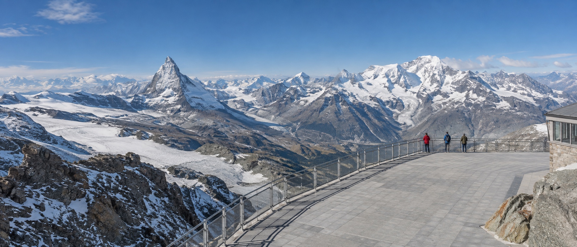 The panoramic viewing platform at Gornergrat summit station with the Matterhorn and surrounding 4000m peaks