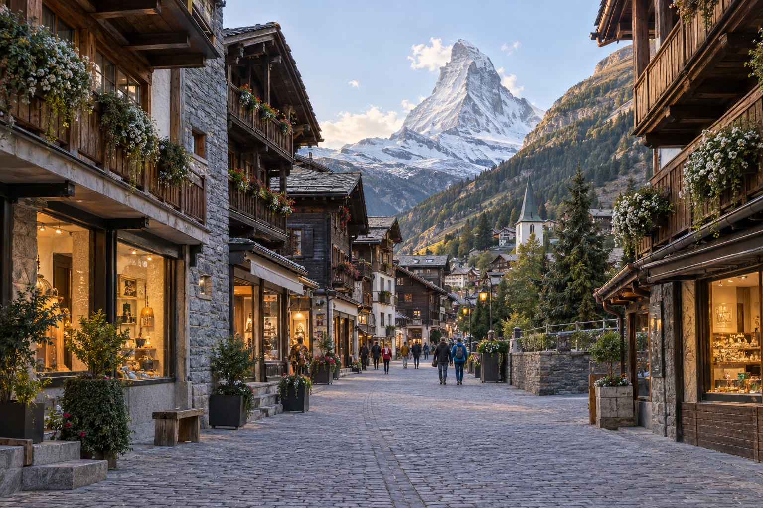 Zermatt's main street with hotels, shops, and the Matterhorn visible at the end of the street