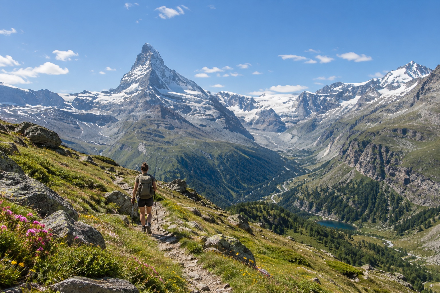 Hiker on a trail above Zermatt with the Matterhorn and Gorner Glacier in the background