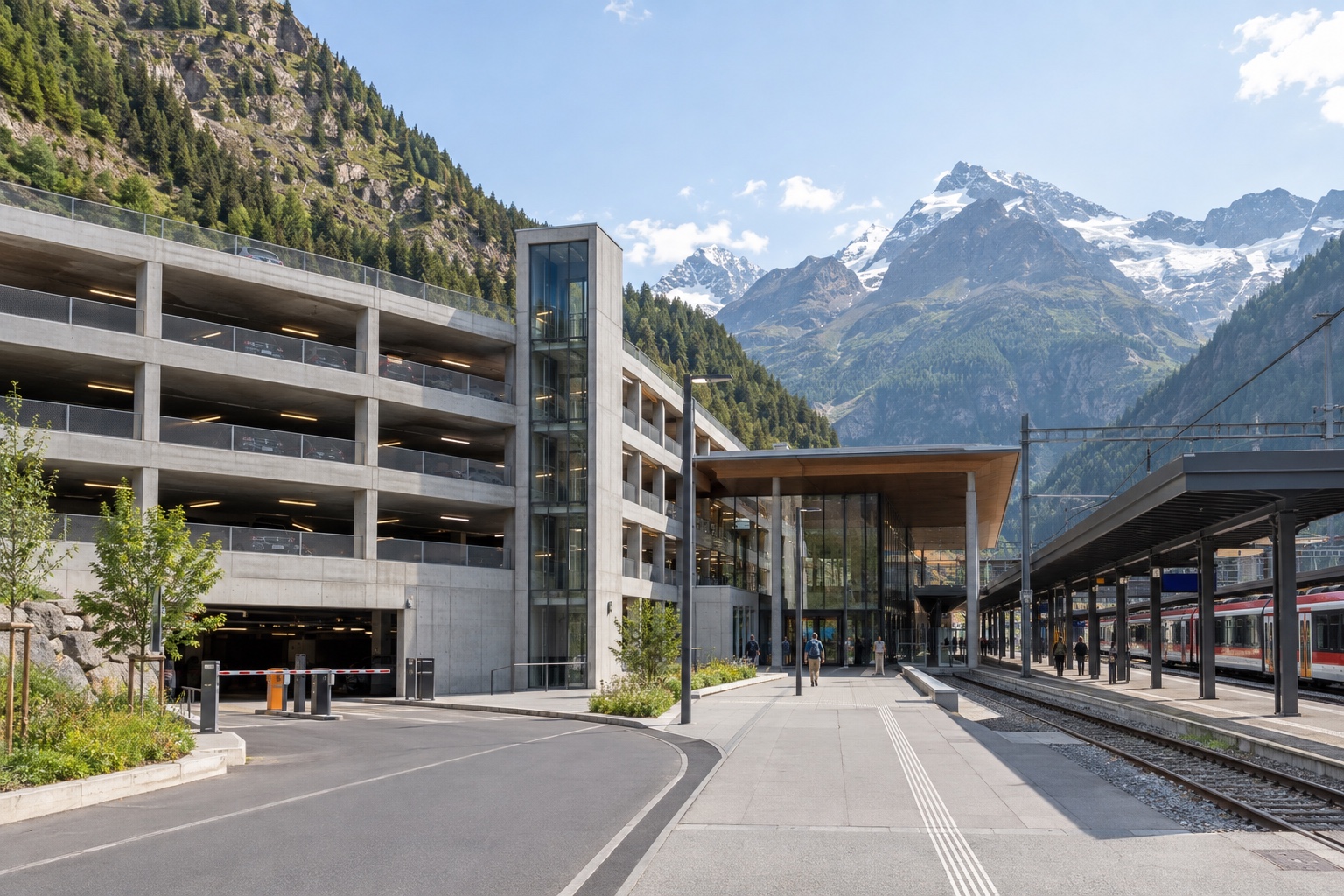 Matterhorn Terminal Täsch, the covered car park and shuttle train station where the road ends